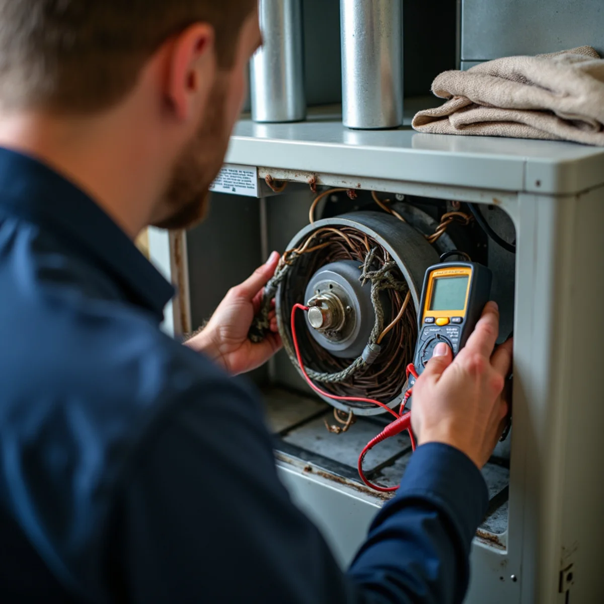 HVAC technician testing indoor evaporator coil and electrical capacitor in Broomall home