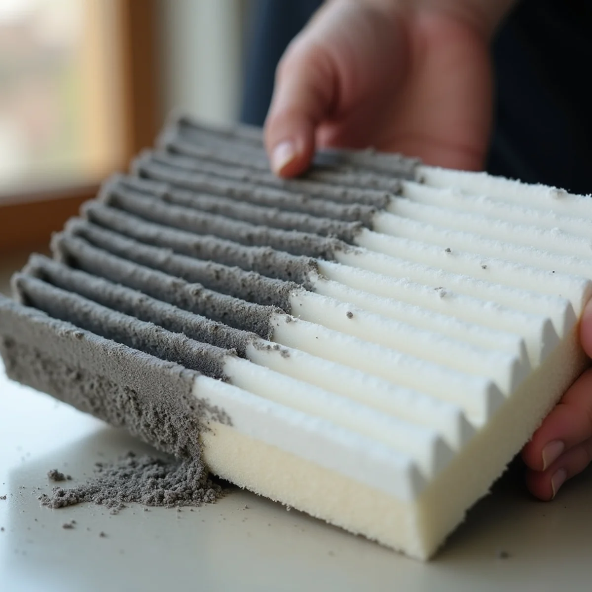 Dust-clogged furnace air filter compared against clean pleated replacement filter