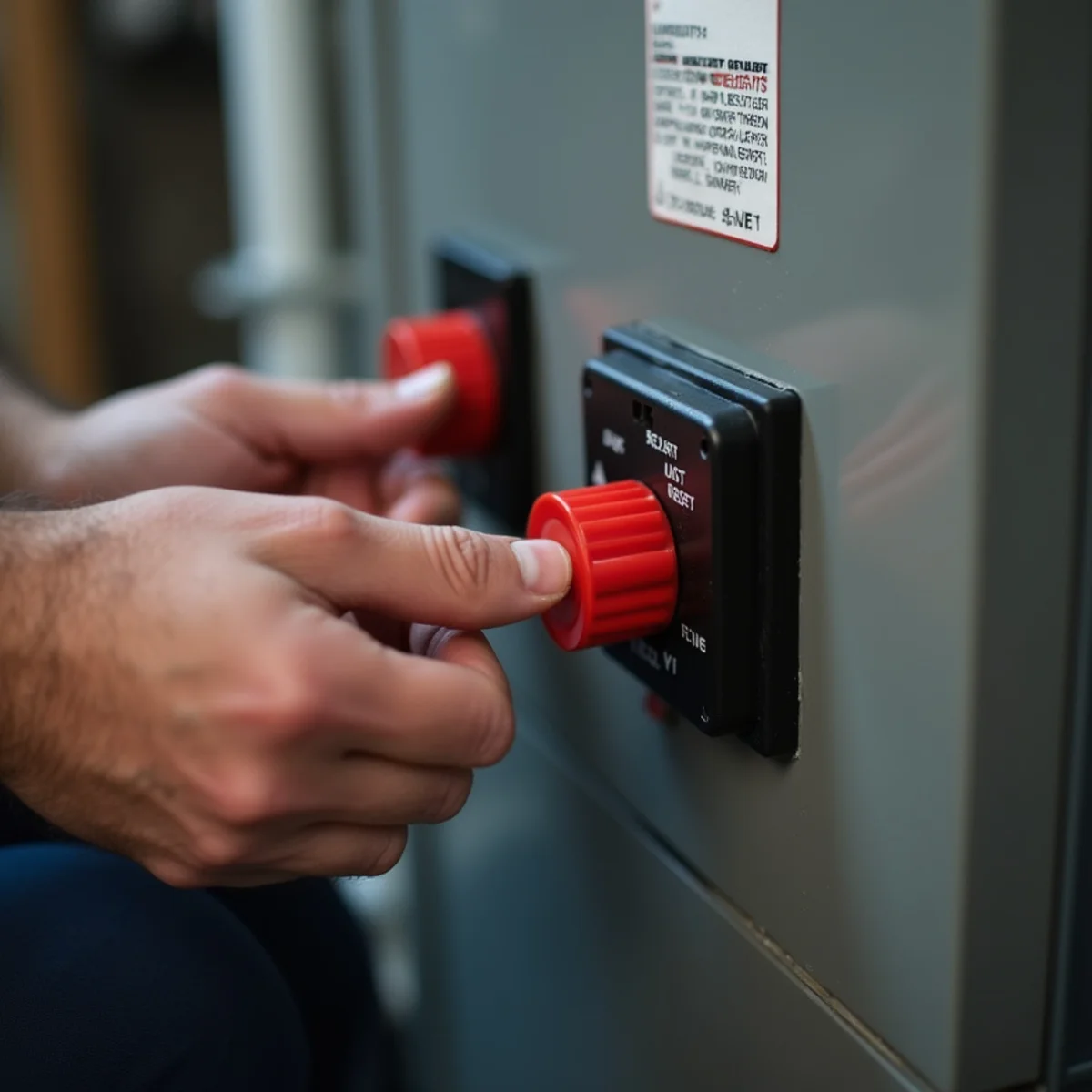 Red safety reset button on residential oil burner primary control unit