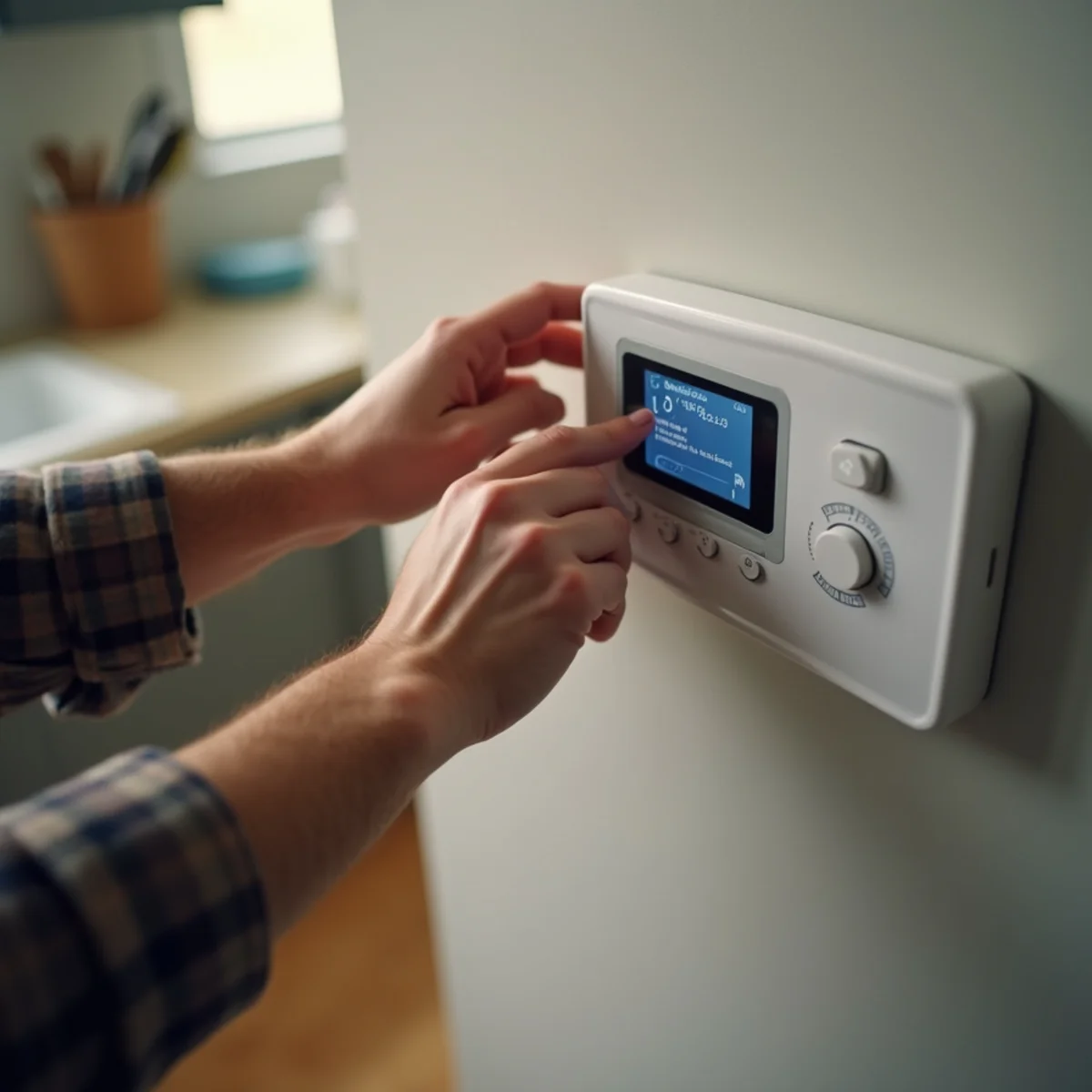 Homeowner testing heating mode on digital wall thermostat in autumn