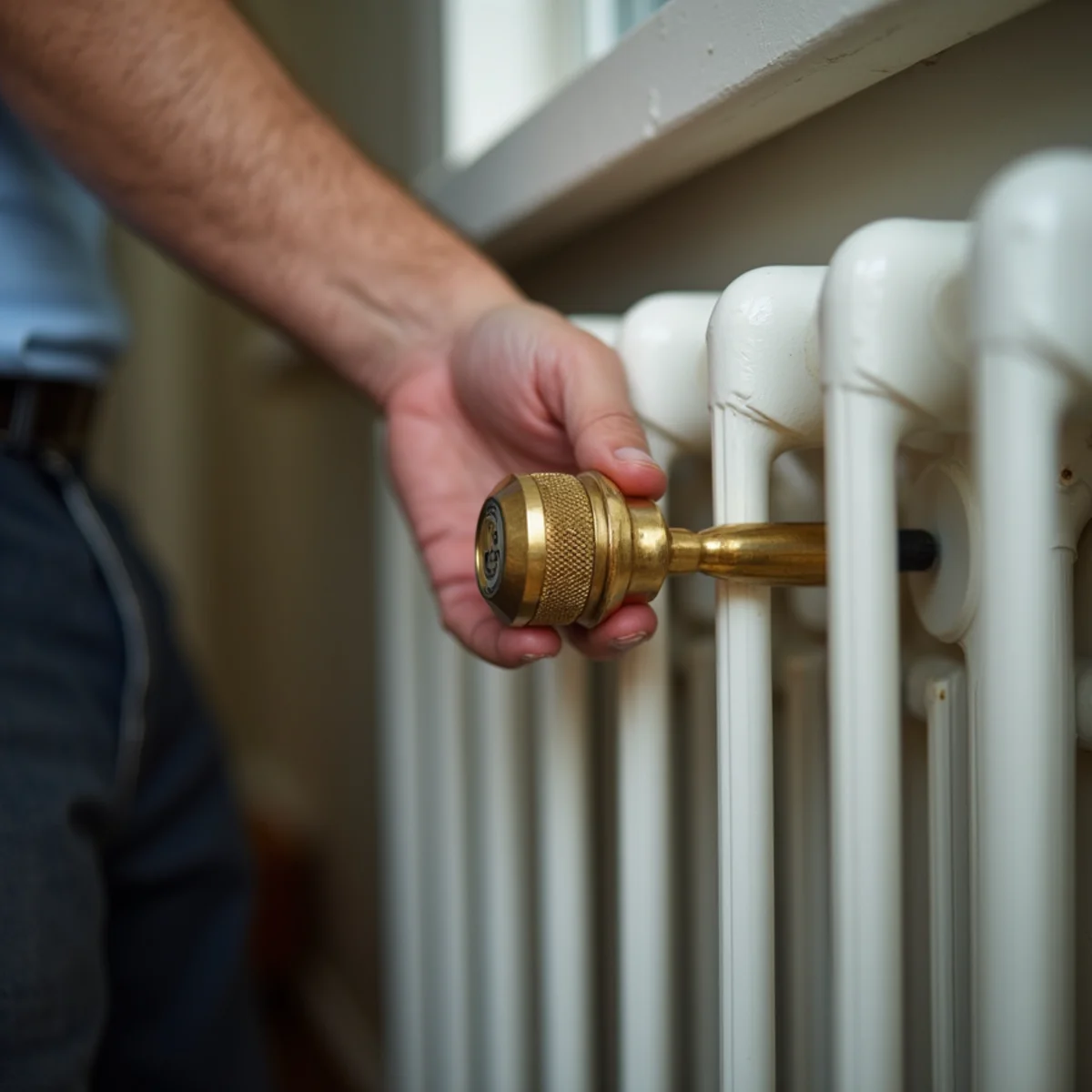 Using brass radiator key to bleed trapped air from upper floor cast iron radiator