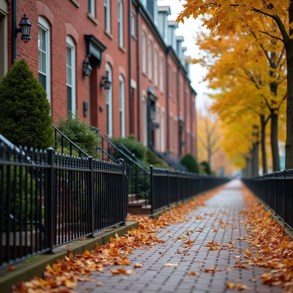 Rowhouses along urban street in Pennsylvania in late autumn