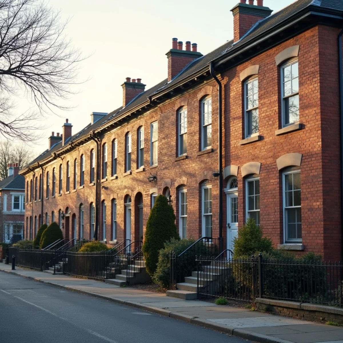Historic brick residential street in Norristown PA with mature trees