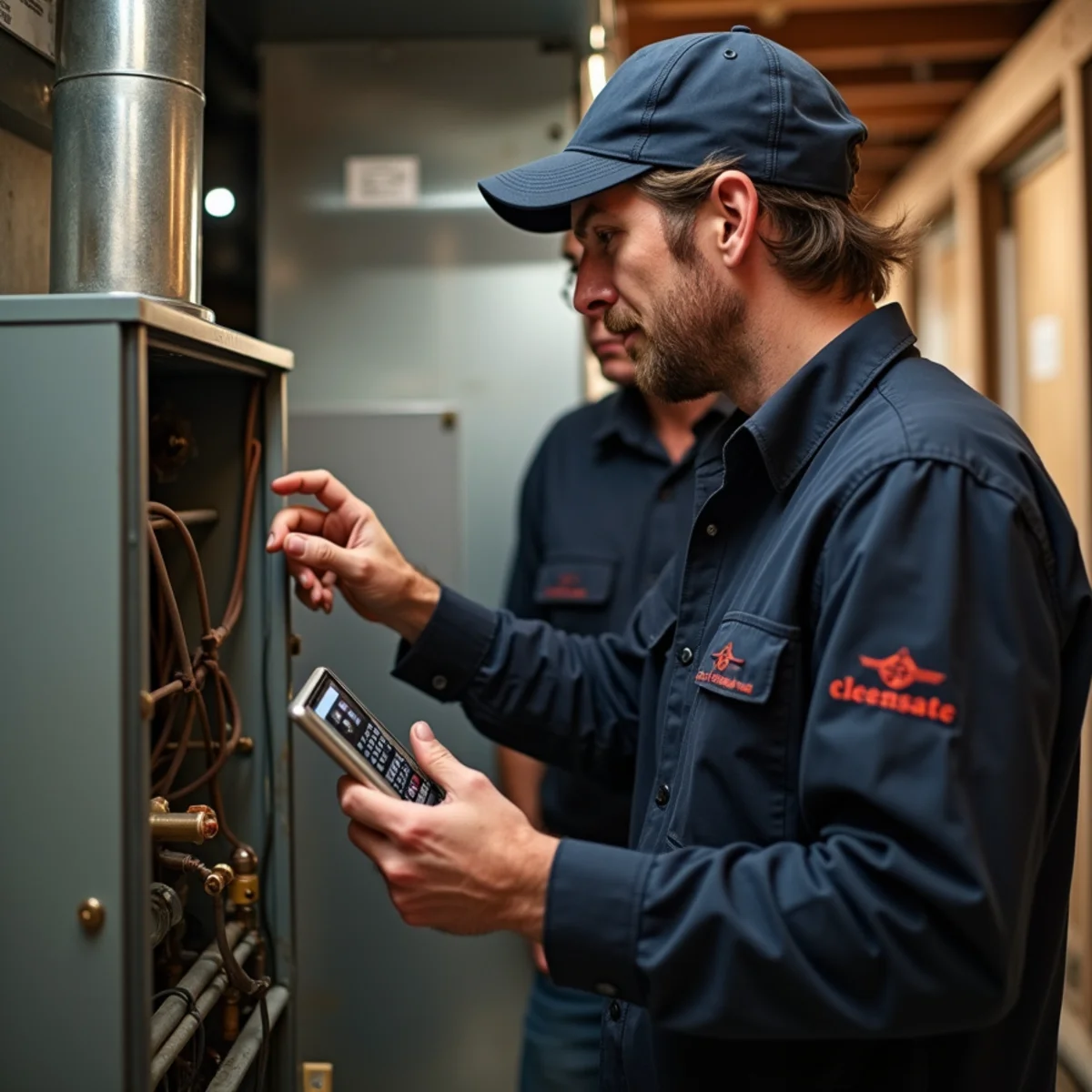 HVAC technician explaining equipment options to couple in their home