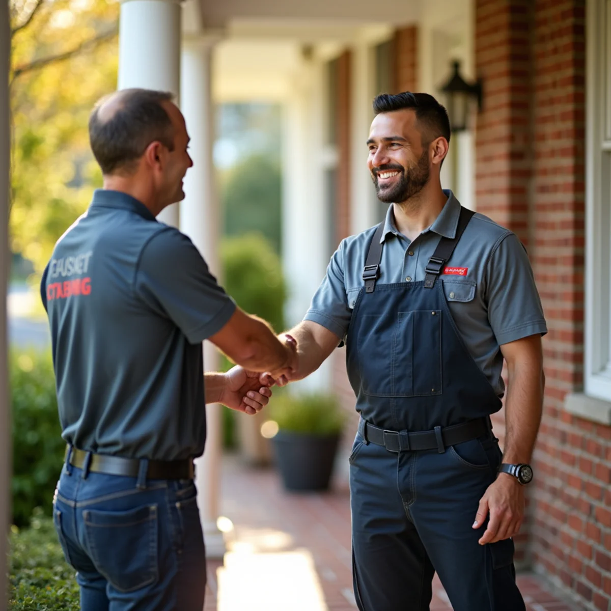 Satisfied Broomall PA homeowner speaking with HVAC technician after repair